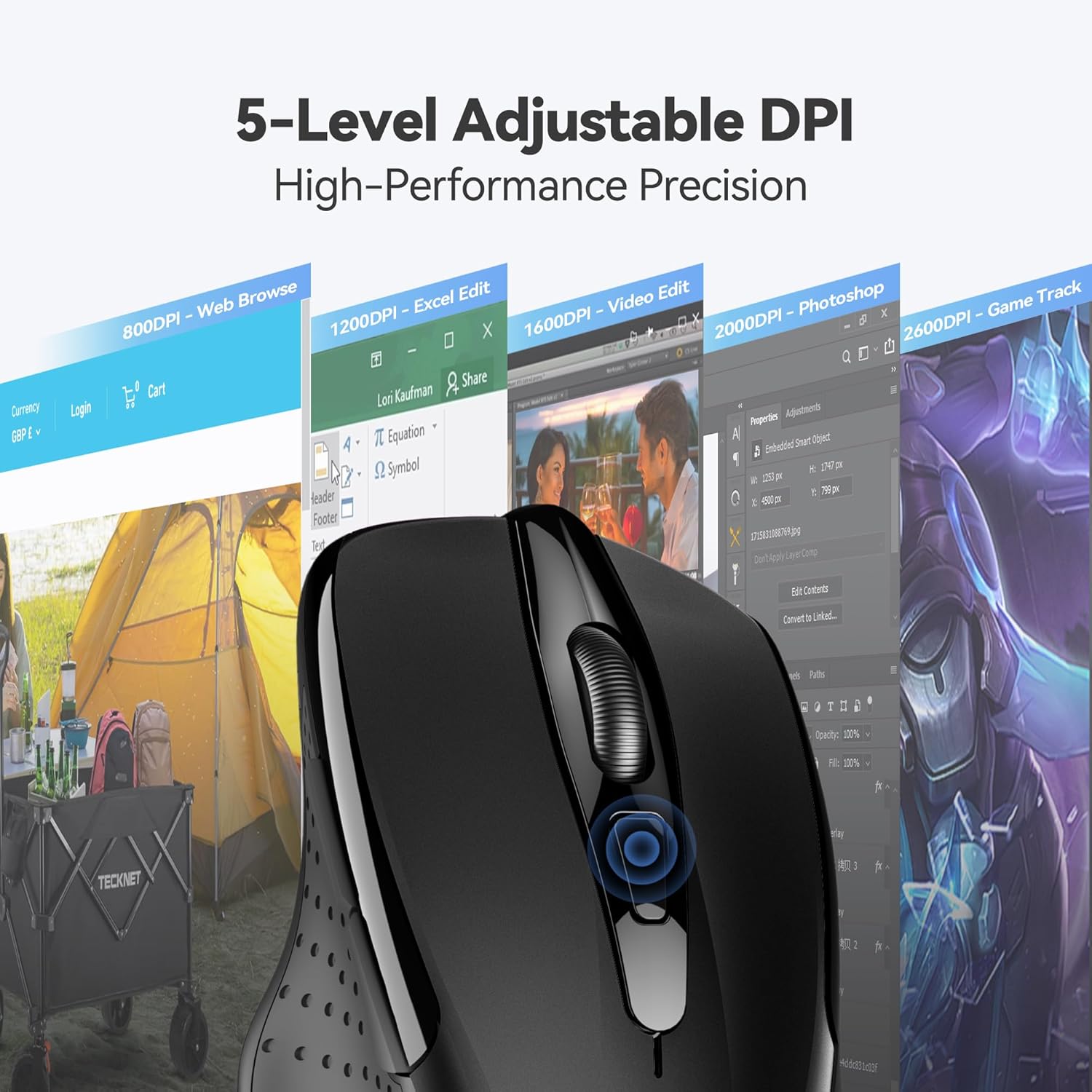 TECKNET Wireless Mouse, 2.4G Ergonomic Optical Mouse, Computer Mouse for Laptop, PC, Computer, Chromebook, Notebook, 6 Buttons, 24 Months Battery Life, 2600 DPI, 5 Adjustment Levels - Black - Image 5