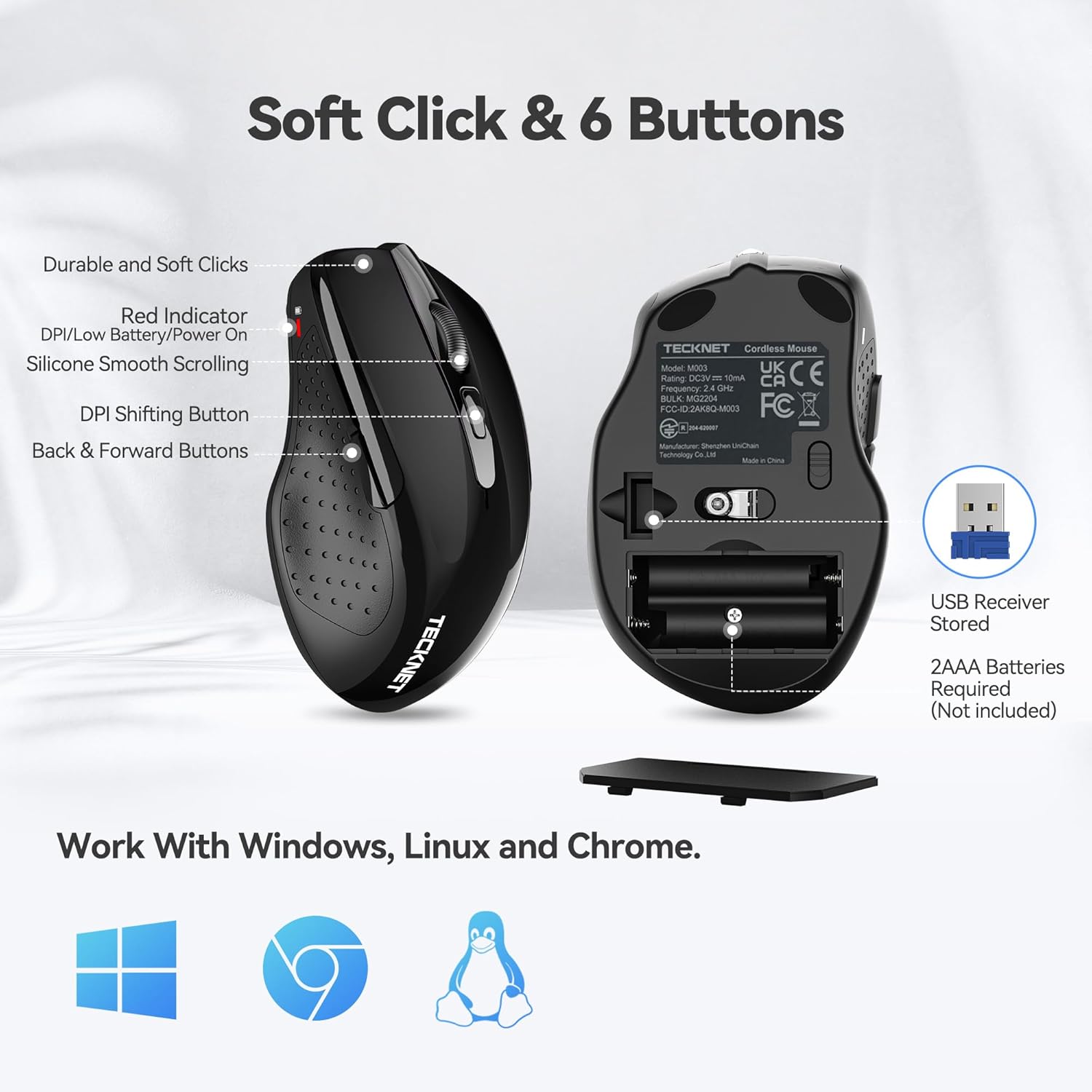 TECKNET Wireless Mouse, 2.4G Ergonomic Optical Mouse, Computer Mouse for Laptop, PC, Computer, Chromebook, Notebook, 6 Buttons, 24 Months Battery Life, 2600 DPI, 5 Adjustment Levels - Black - Image 7